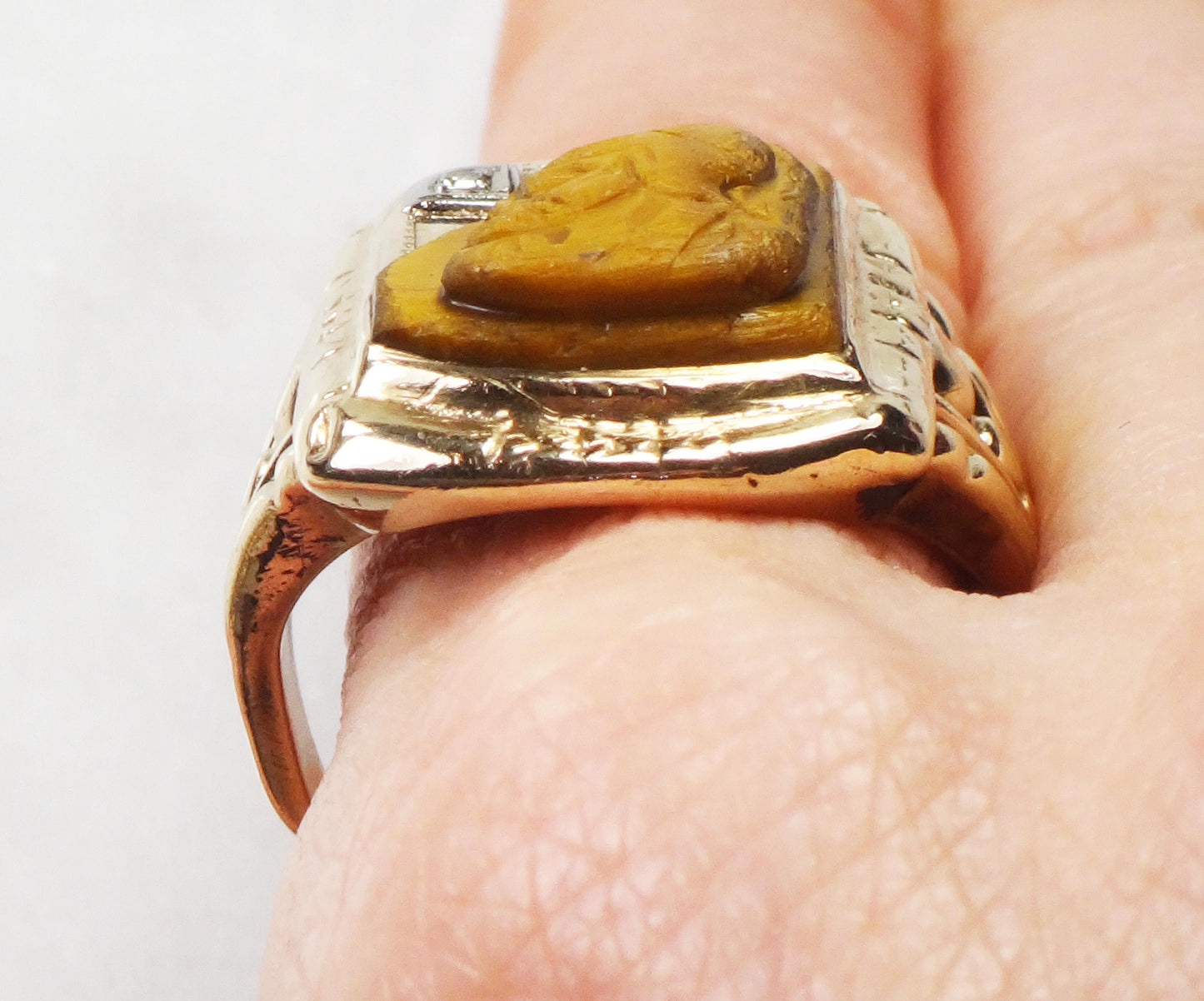 Vintage 10k Gold Carved Tiger Eye Intaglio Ring with Diamond Yellow Gold Cameo Ring Size 9