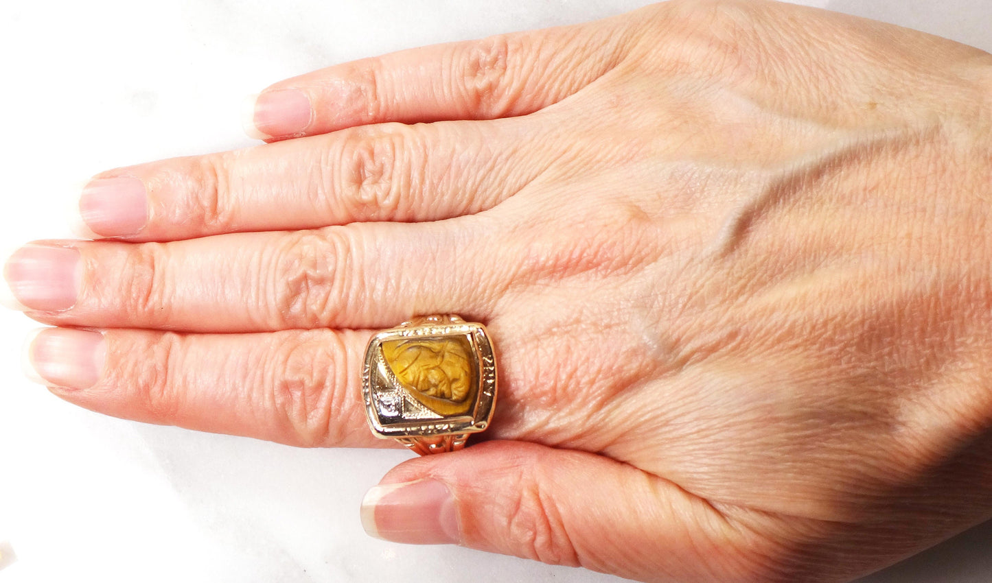 Vintage 10k Gold Carved Tiger Eye Intaglio Ring with Diamond Yellow Gold Cameo Ring Size 9