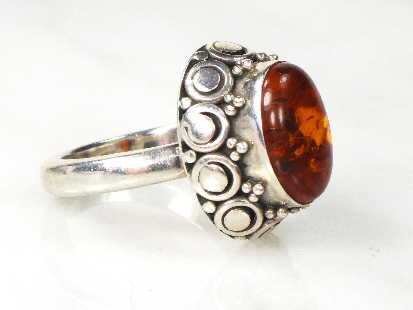 Sterling Silver Amber Ring - Vintage Suarti 925 BA Boho Style - Size 8.75