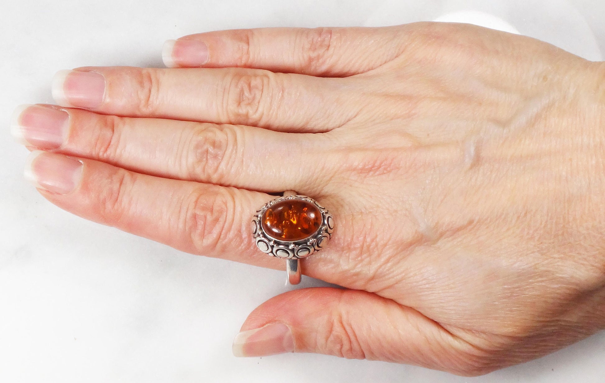 Sterling Silver Amber Ring - Vintage Suarti 925 BA Boho Style - Size 8.75