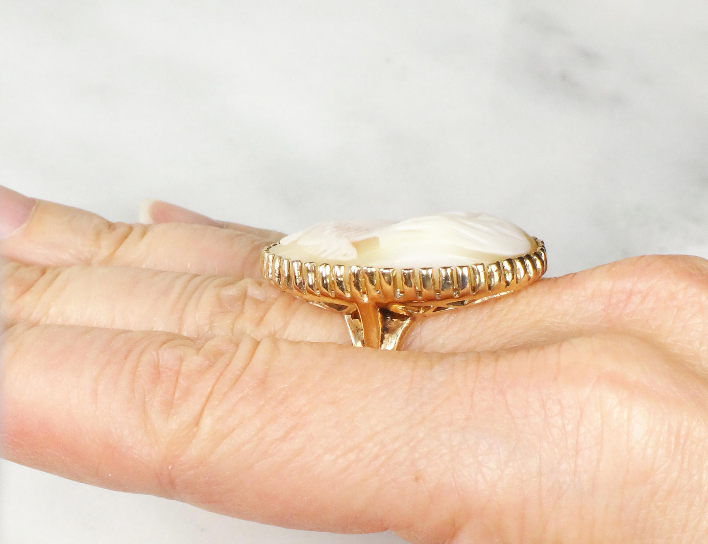 Vintage Cameo Ring 14k Gold Cameo Ring Greek Goddess Psyche Butterfly Vintage Shell Cameo Gold Ring Large Cameo Ring Size 8.25