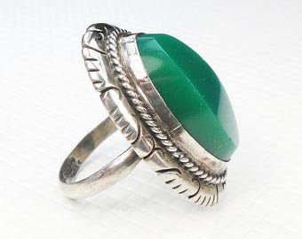 Vintage Sterling Silver Green Glass Ring - Mexico Size 7