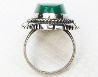 Vintage Sterling Silver Green Glass Ring - Mexico Size 7