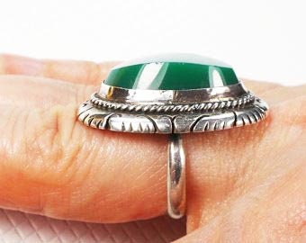 Vintage Sterling Silver Green Glass Ring - Mexico Size 7