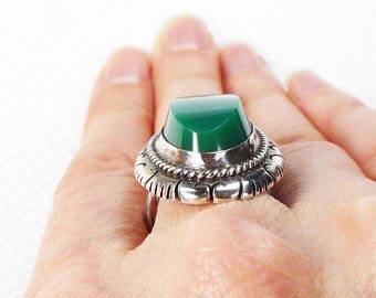 Vintage Sterling Silver Green Glass Ring - Mexico Size 7