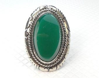Vintage Sterling Silver Green Glass Ring - Mexico Size 7