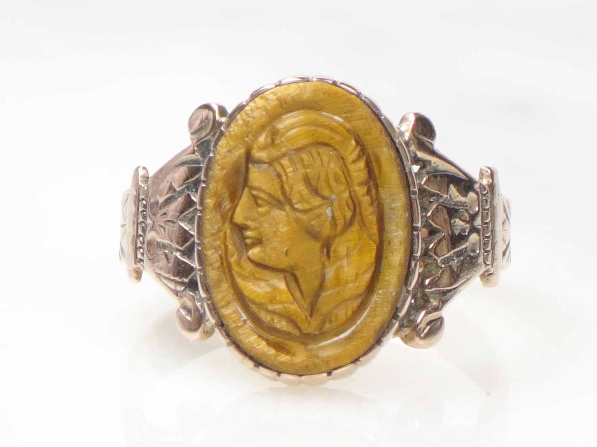 Antique 14k Gold Intaglio Ring: Carved Tiger Eye Victorian Jewelry 1880's
