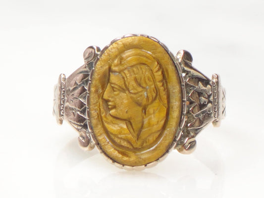 Antique 14k Gold Intaglio Ring: Carved Tiger Eye Victorian Jewelry 1880's
