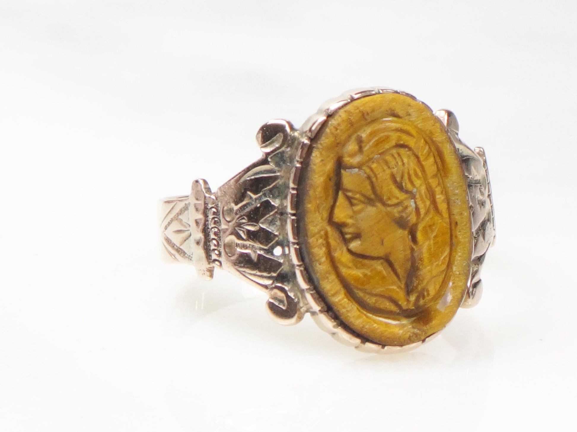 Antique 14k Gold Intaglio Ring: Carved Tiger Eye Victorian Jewelry 1880's