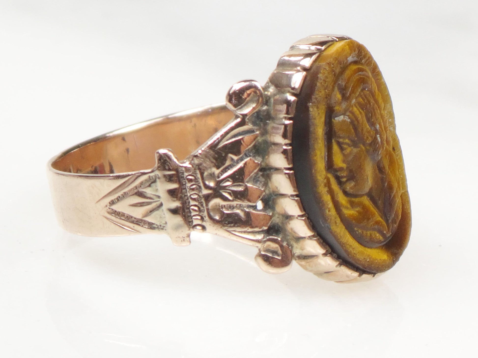 Antique 14k Gold Intaglio Ring: Carved Tiger Eye Victorian Jewelry 1880's