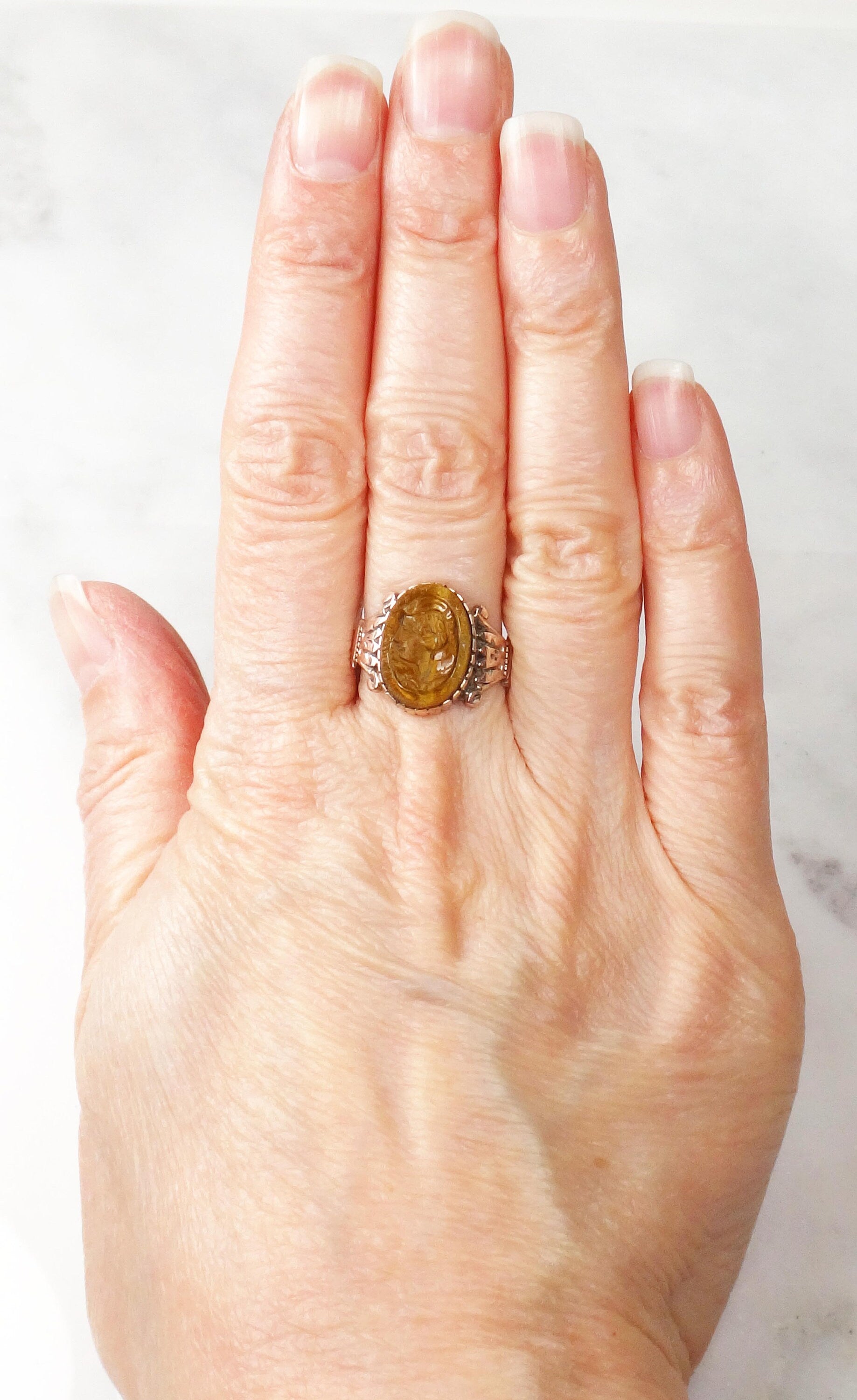 Antique 14k Gold Intaglio Ring: Carved Tiger Eye Victorian Jewelry 1880's