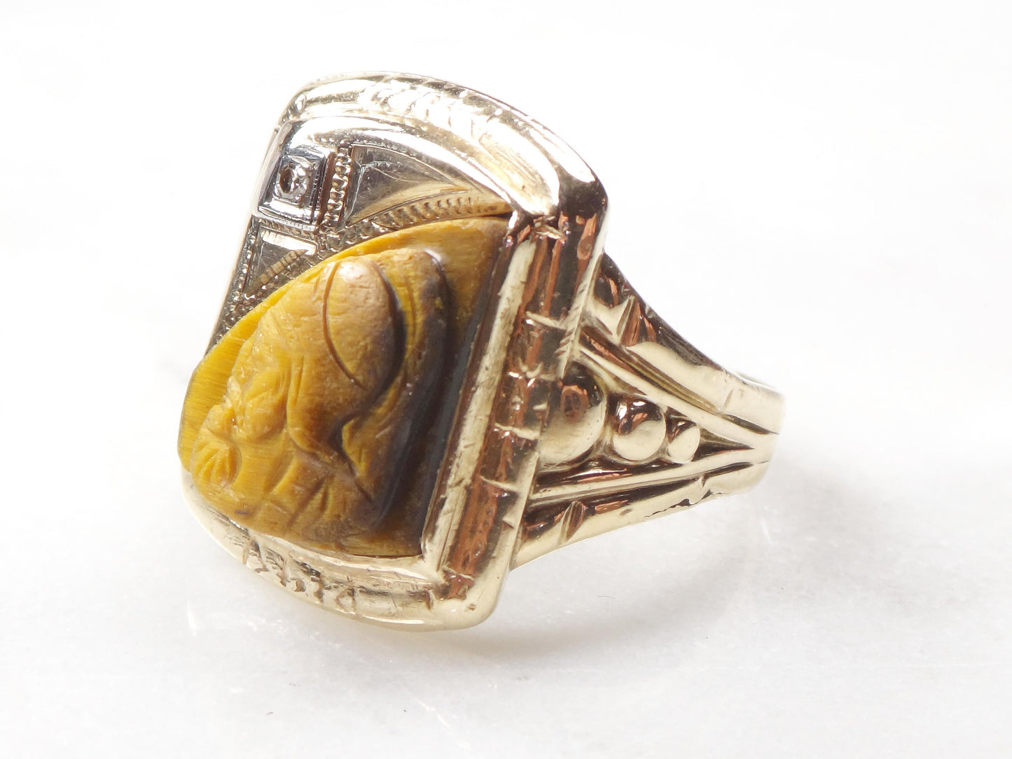 Vintage 10k Gold Carved Tiger Eye Intaglio Ring with Diamond Yellow Gold Cameo Ring Size 9