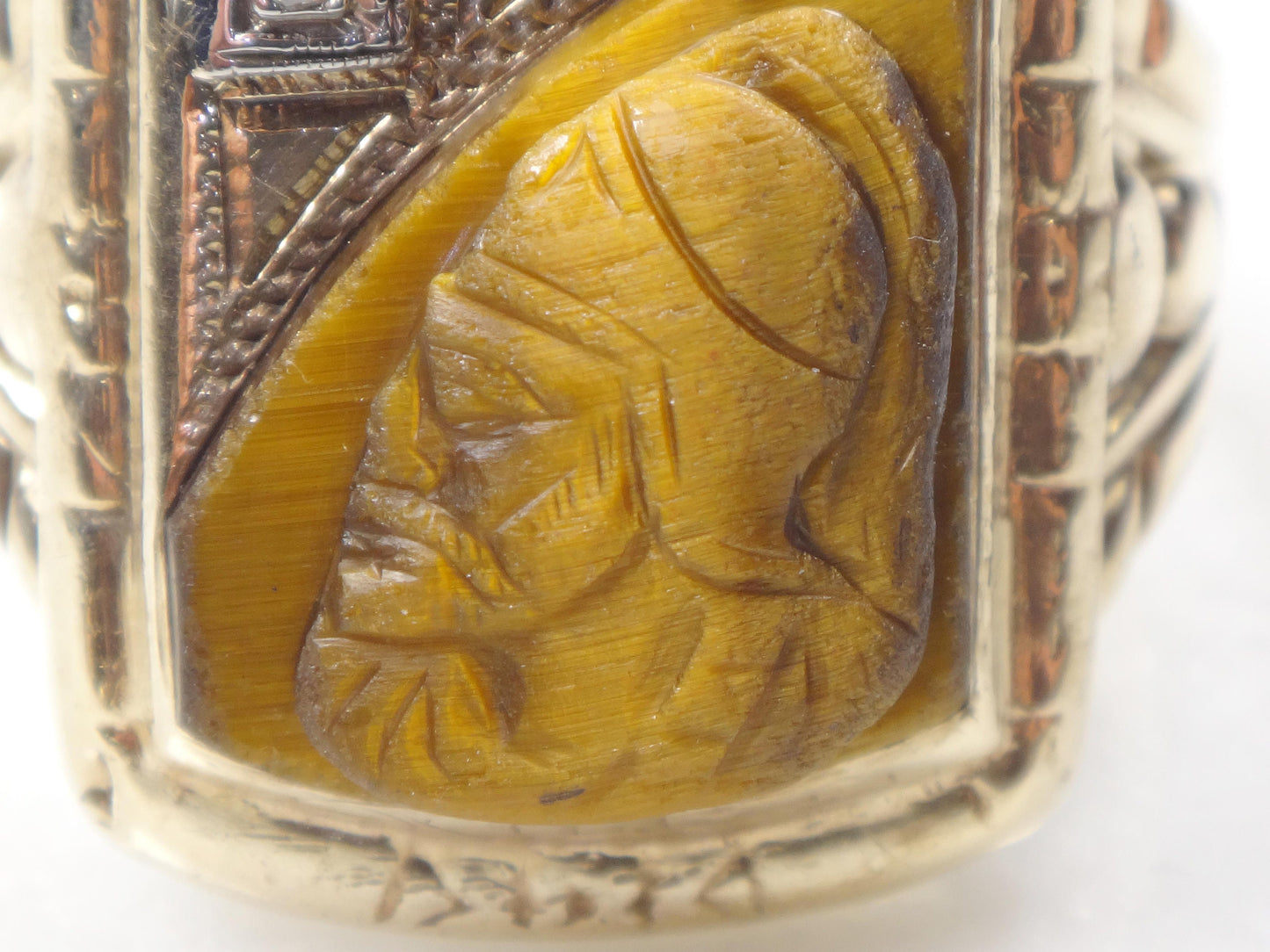 Vintage 10k Gold Carved Tiger Eye Intaglio Ring with Diamond Yellow Gold Cameo Ring Size 9