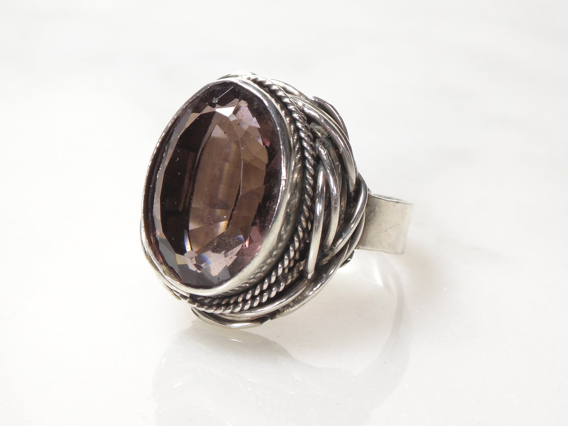 Vintage Large Sterling Silver Purple Glass Ring Size 9