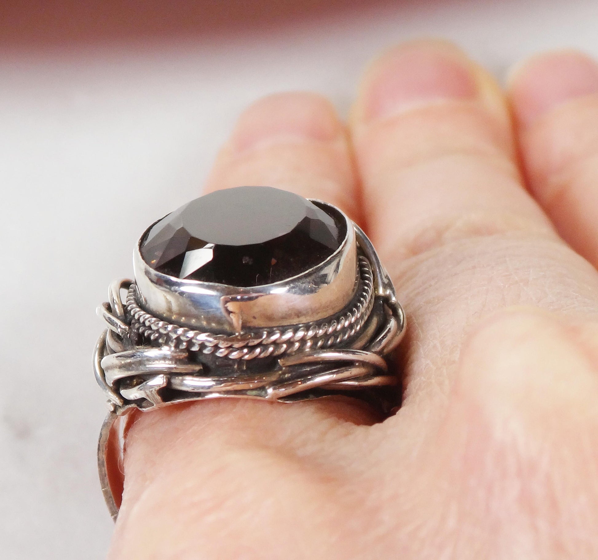 Vintage Large Sterling Silver Purple Glass Ring Size 9