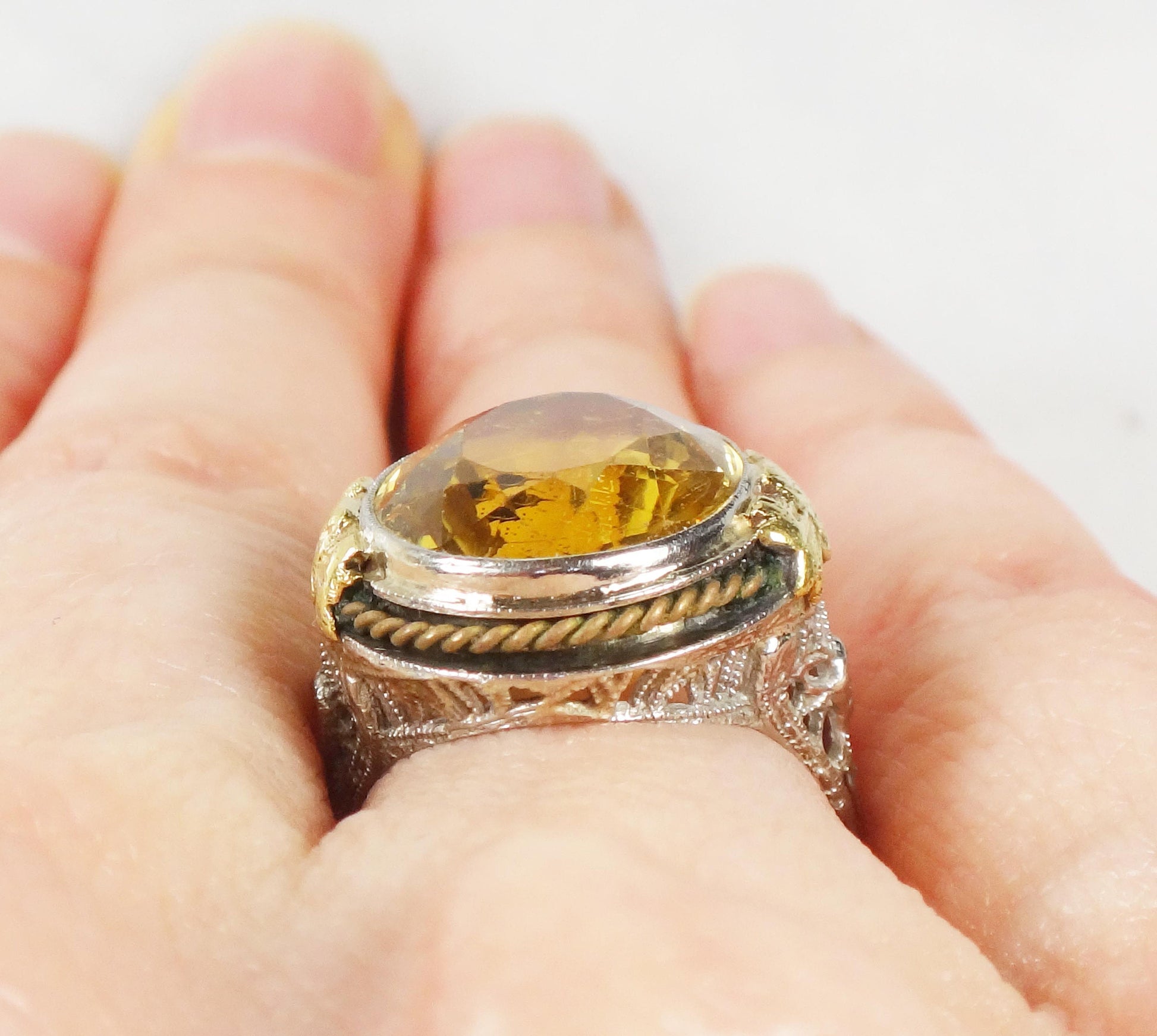 Vintage 14k White Gold Filigree Citrine Ring - 1930s Art Deco Floral Ring