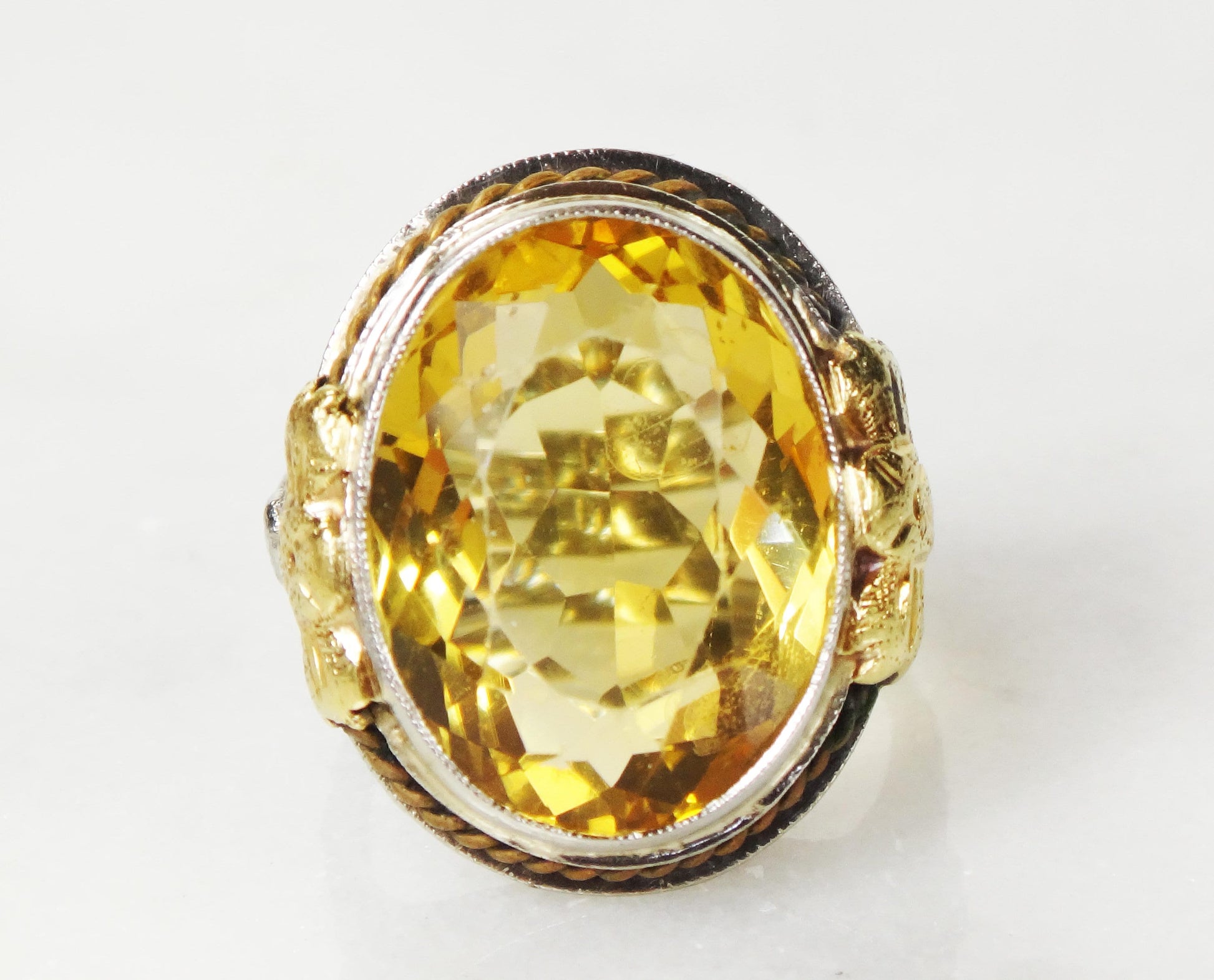 Vintage 14k White Gold Filigree Citrine Ring - 1930s Art Deco Floral Ring