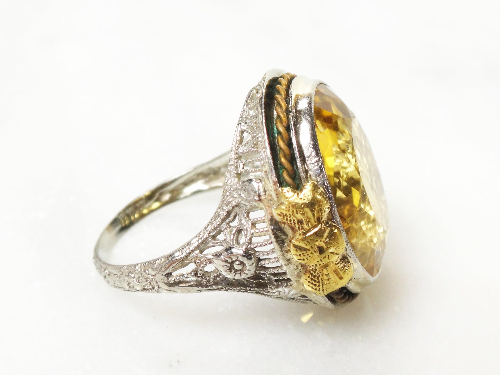 Vintage 14k White Gold Filigree Citrine Ring - 1930s Art Deco Floral Ring