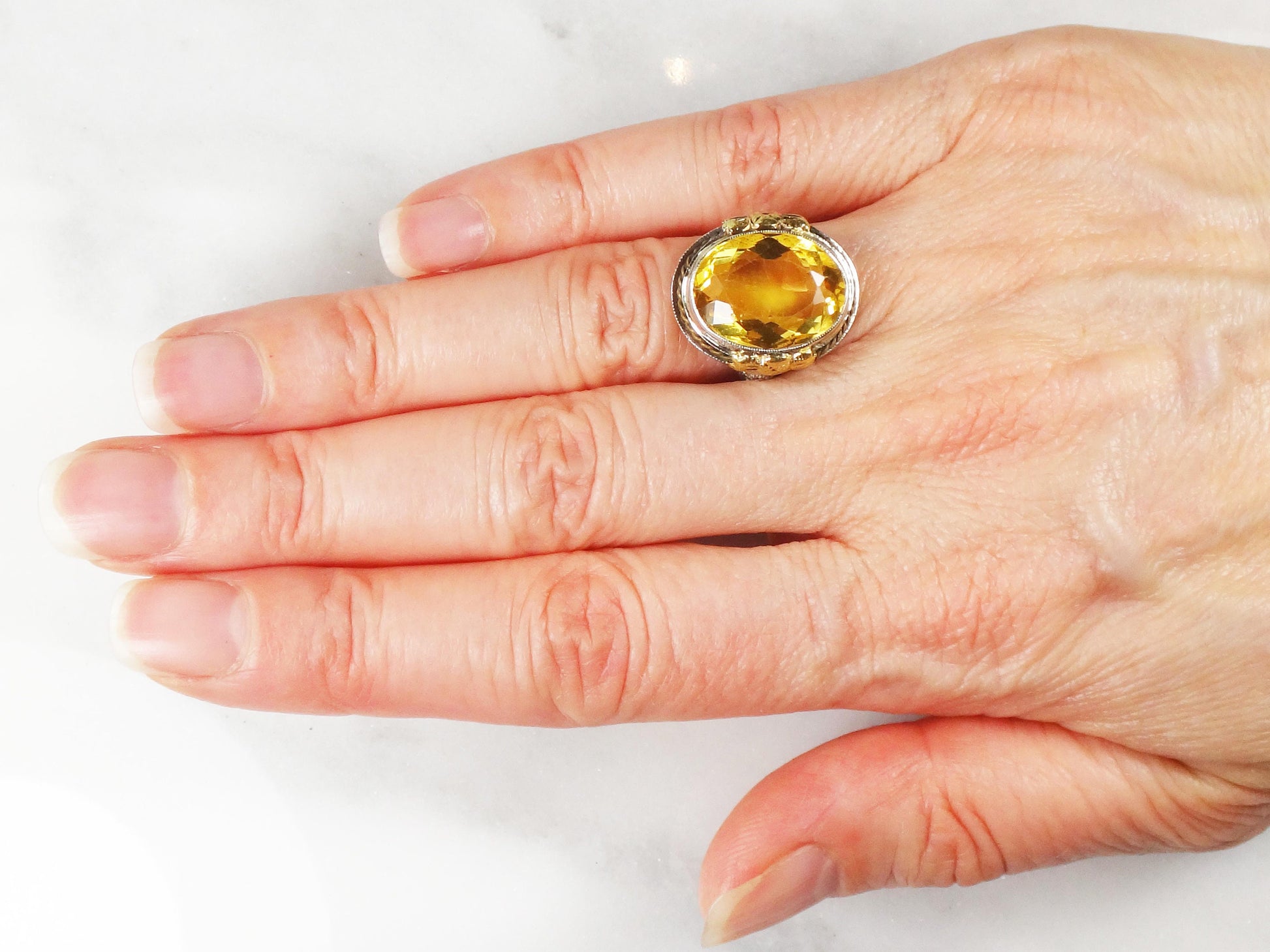 Vintage 14k White Gold Filigree Citrine Ring - 1930s Art Deco Floral Ring