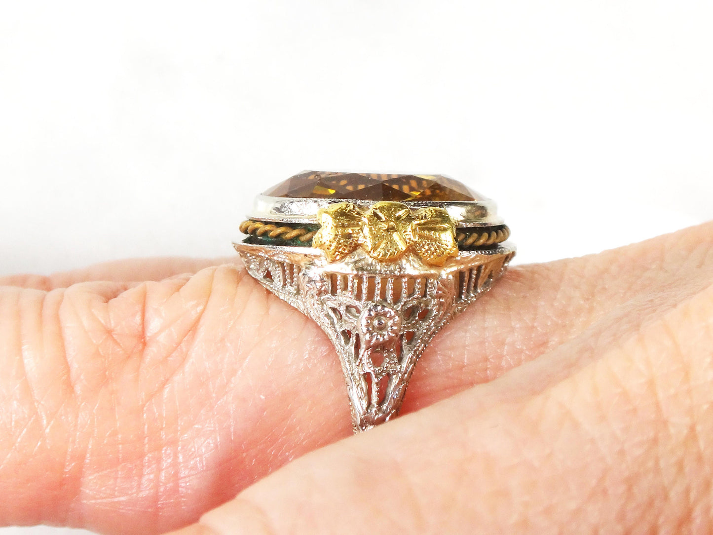 Vintage 14k White Gold Filigree Citrine Ring - 1930s Art Deco Floral Ring