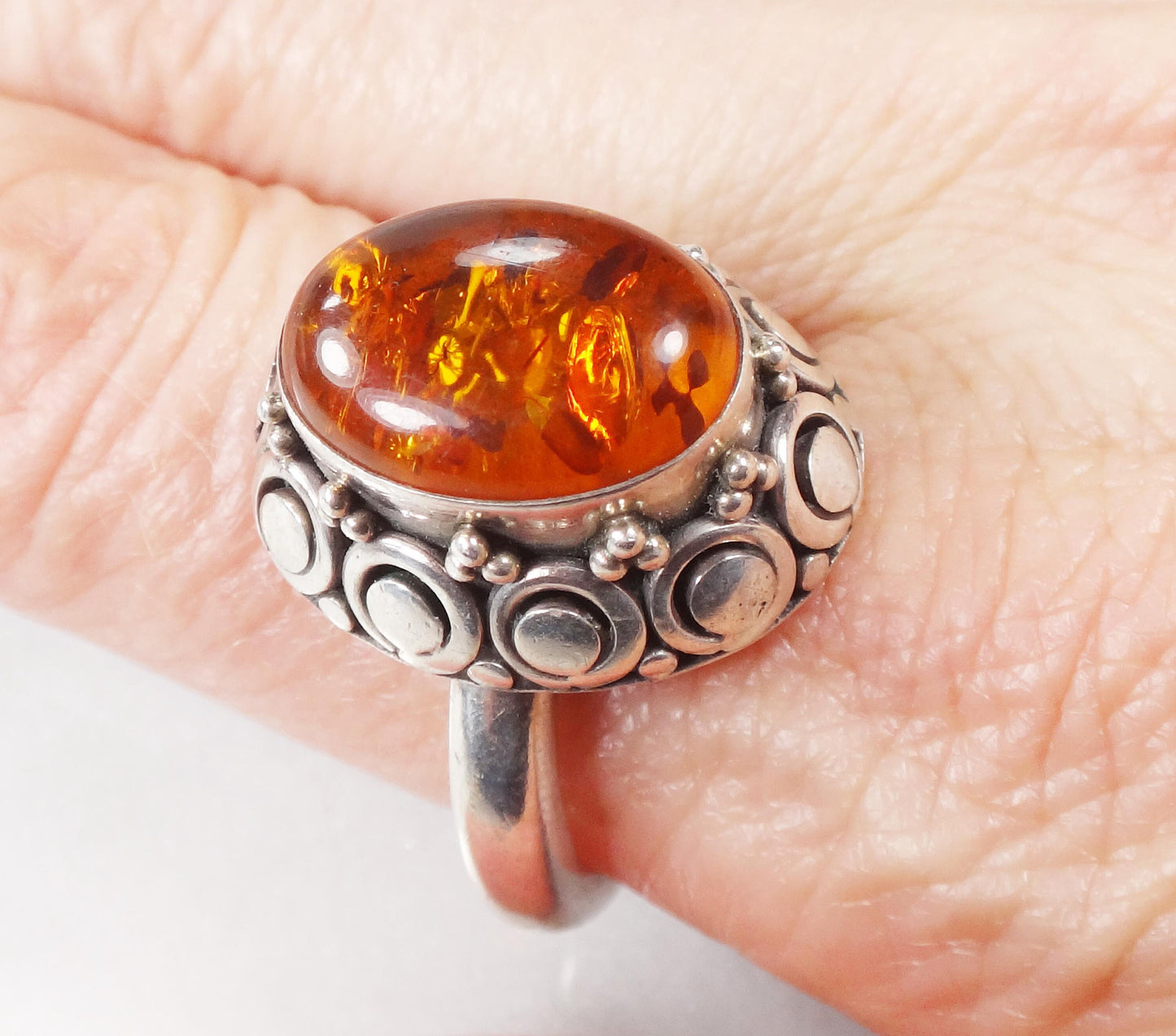Sterling Silver Amber Ring - Vintage Suarti 925 BA Boho Style - Size 8.75