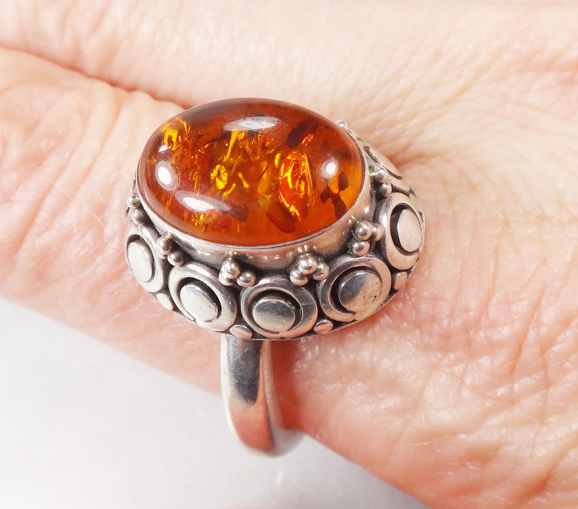 Sterling Silver Amber Ring - Vintage Suarti 925 BA Boho Style - Size 8.75