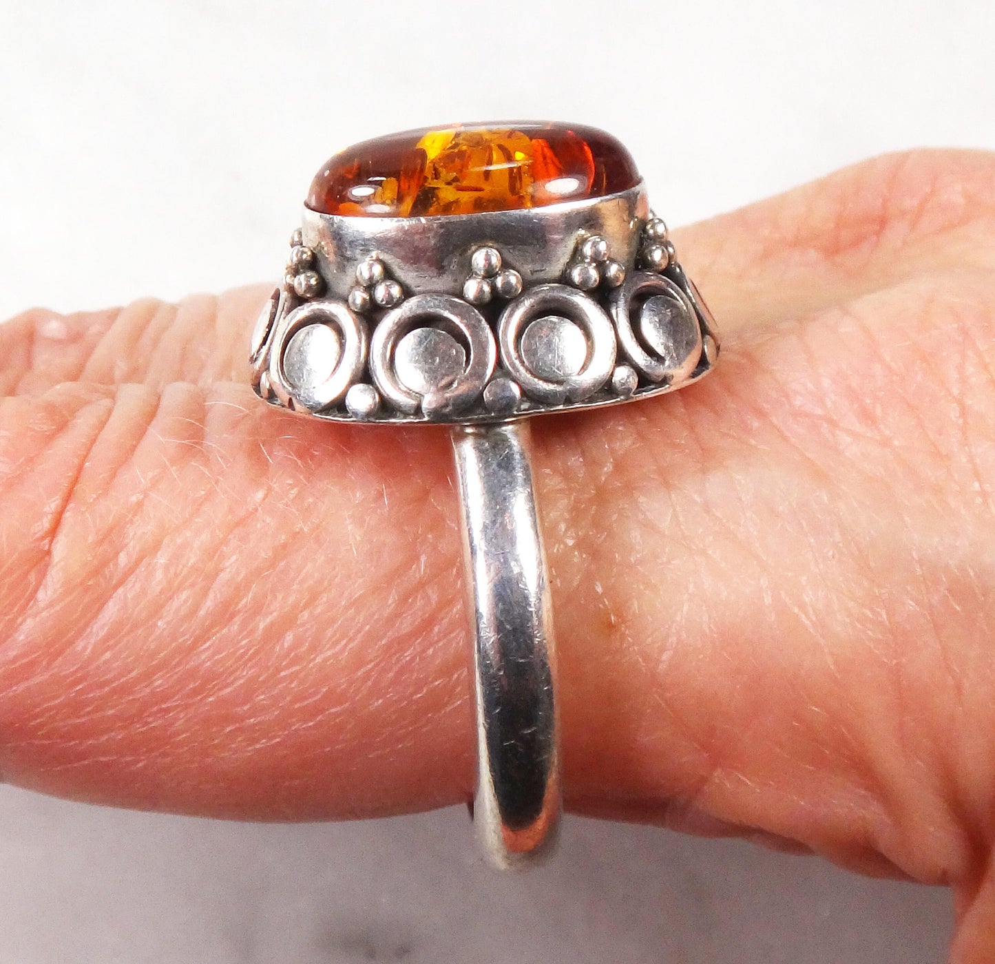 Sterling Silver Amber Ring - Vintage Suarti 925 BA Boho Style - Size 8.75