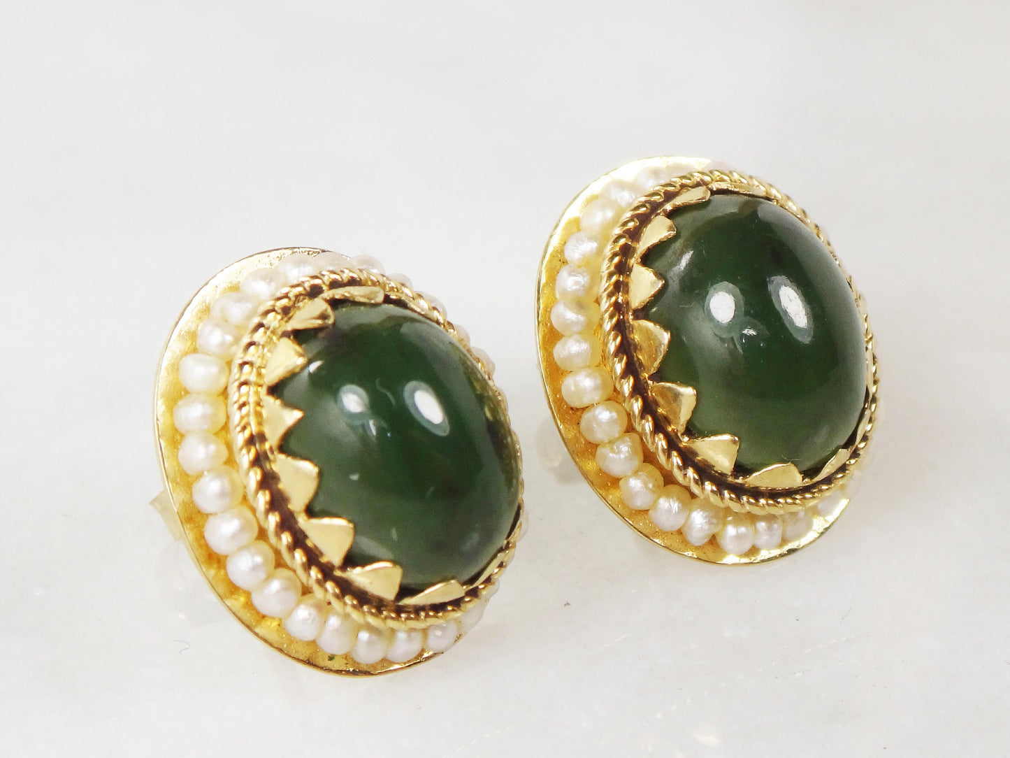 Vintage 14k Yellow Gold Chrysoprase Stud Earrings - Green Stone and Seed Pearl Jade Look Studs