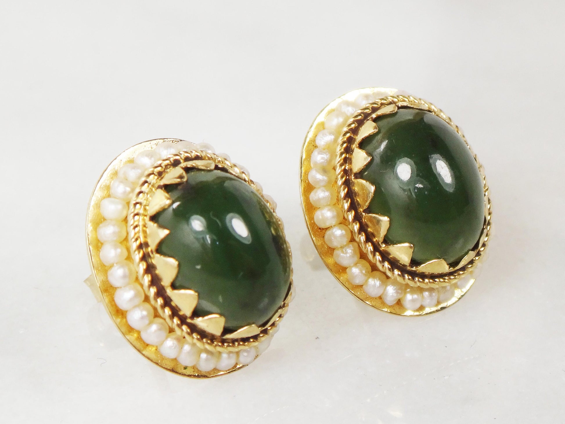 Vintage 14k Gold Chrysoprase Stud Earrings with Seed Pearl Halo