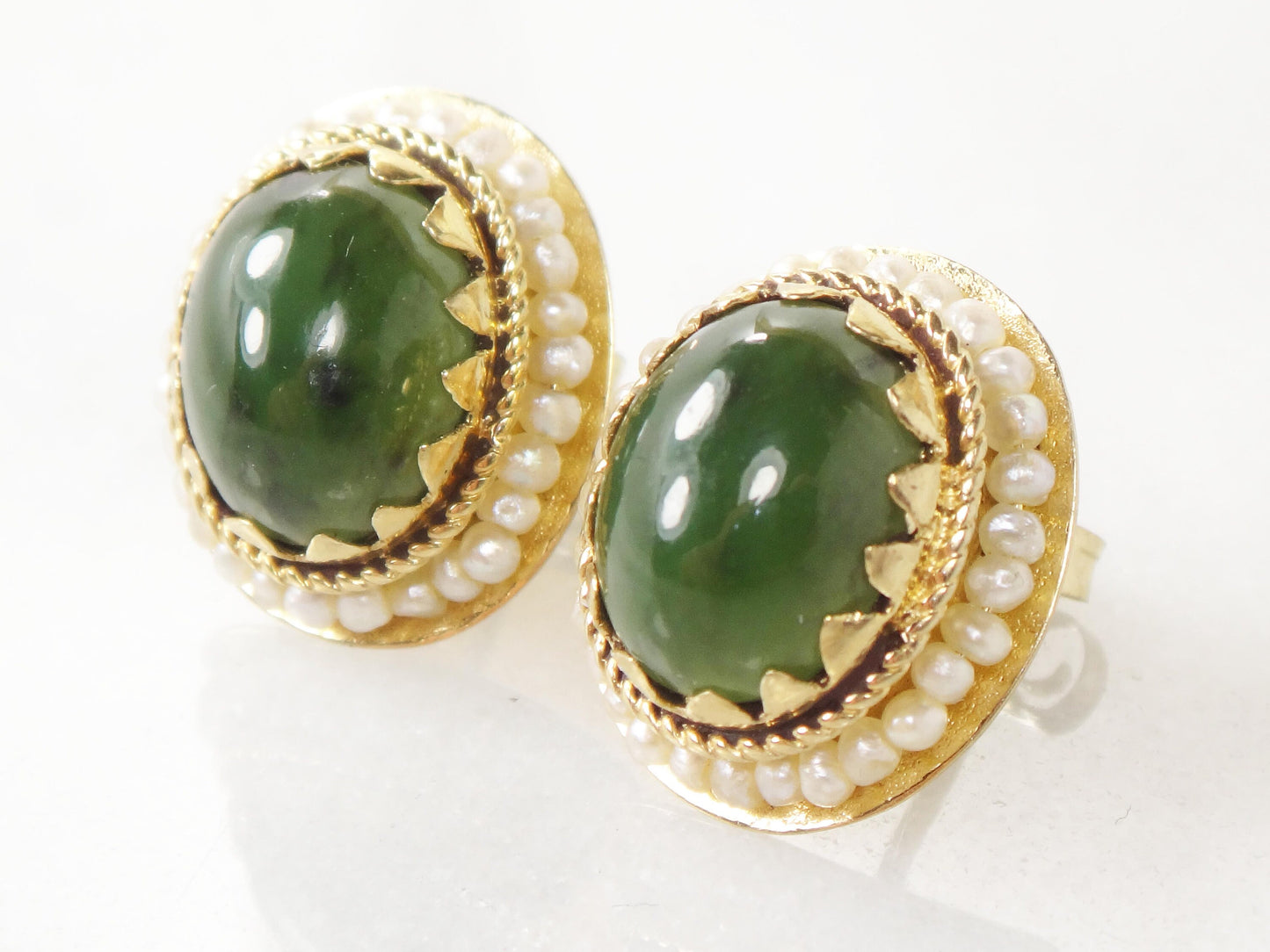 Vintage 14k Yellow Gold Chrysoprase Stud Earrings - Green Stone and Seed Pearl Jade Look Studs