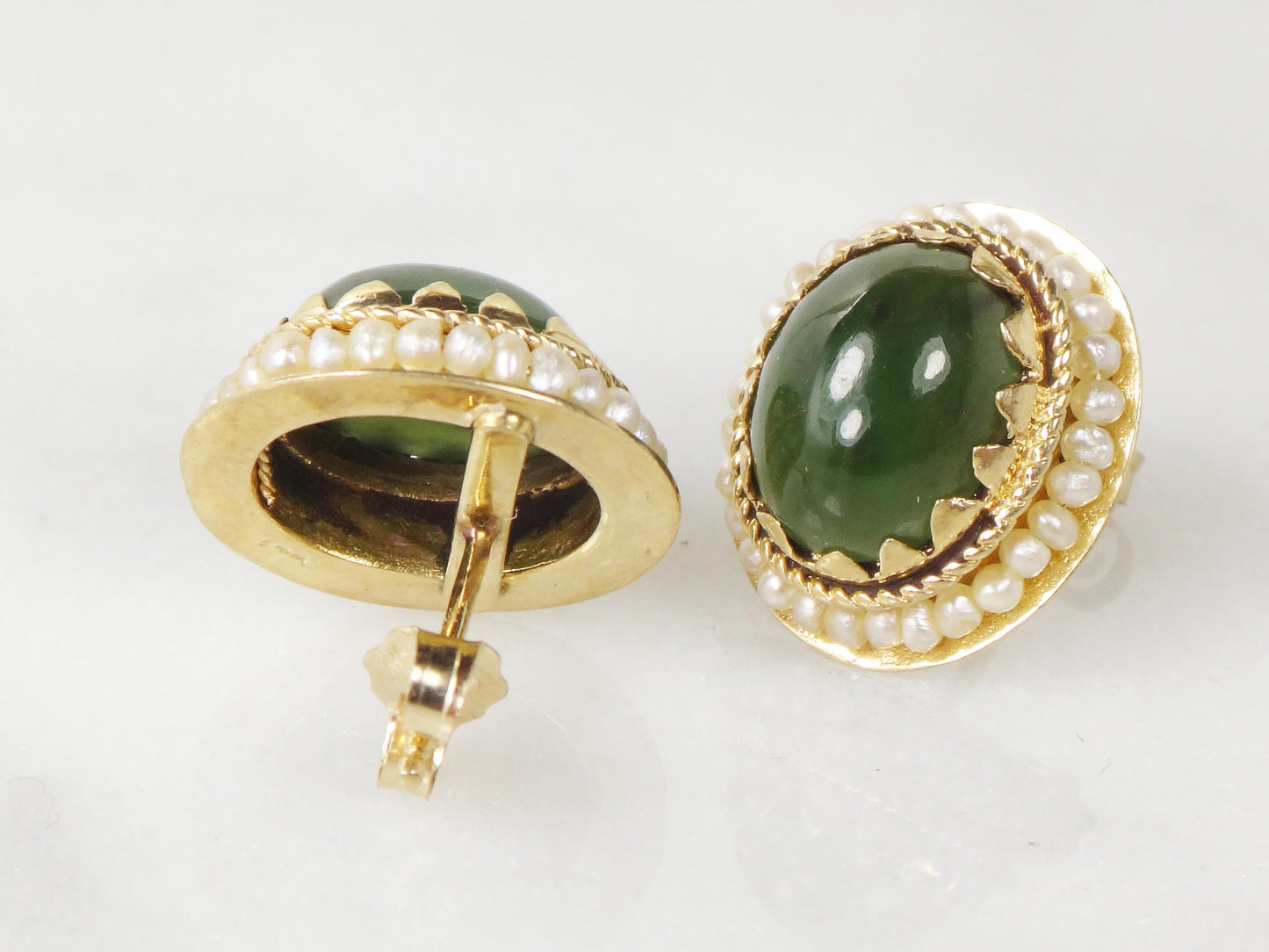 Vintage 14k Yellow Gold Chrysoprase Stud Earrings - Green Stone and Seed Pearl Jade Look Studs