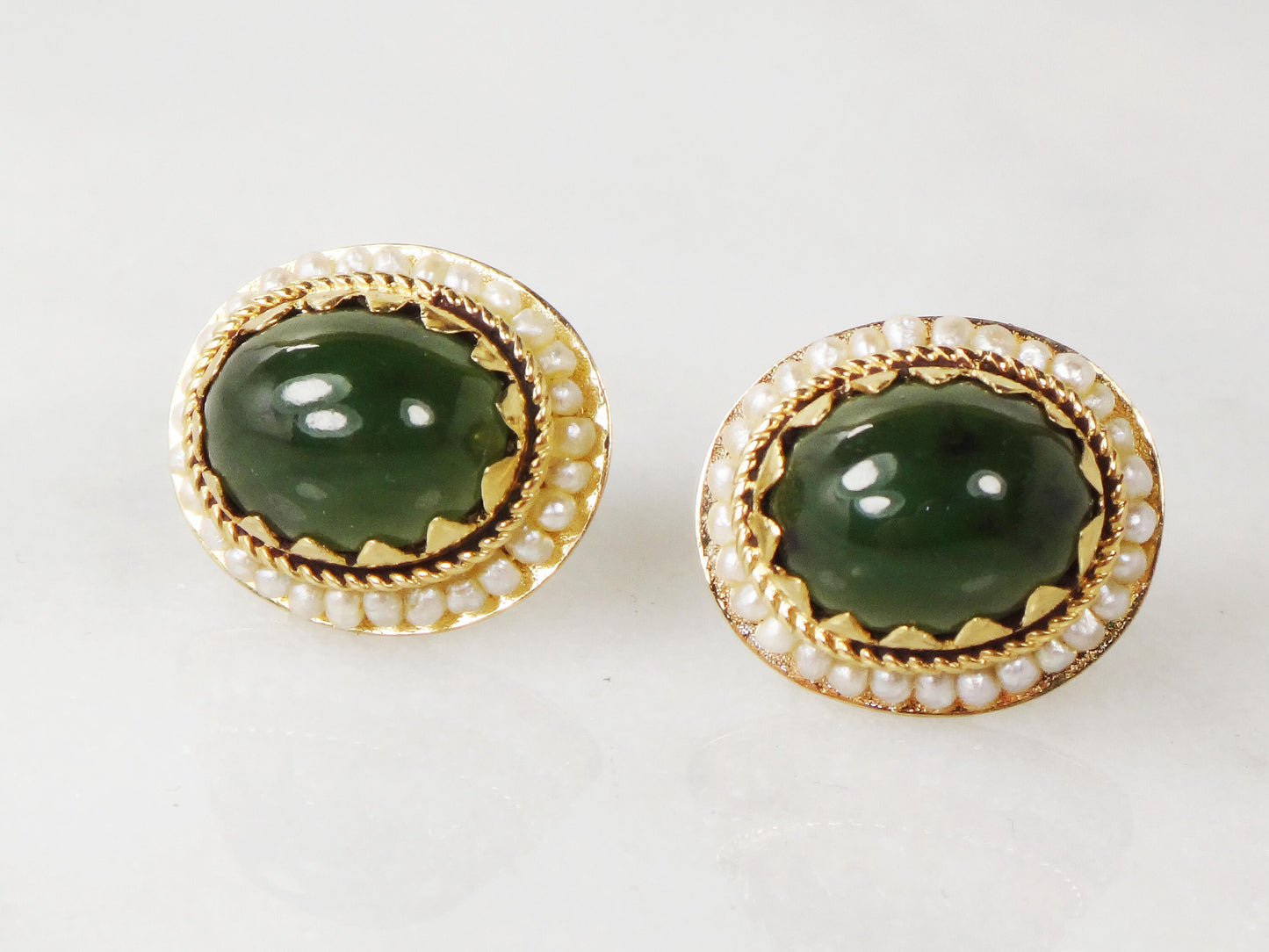 Vintage 14k Yellow Gold Chrysoprase Stud Earrings - Green Stone and Seed Pearl Jade Look Studs