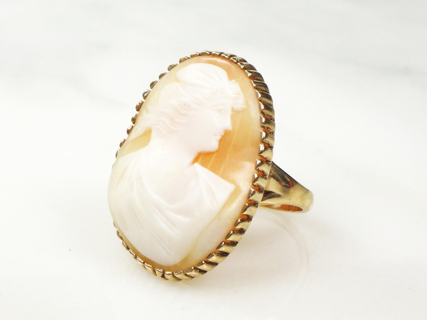 Vintage Cameo Ring 14k Gold Cameo Ring Greek Goddess Psyche Butterfly Vintage Shell Cameo Gold Ring Large Cameo Ring Size 8.25