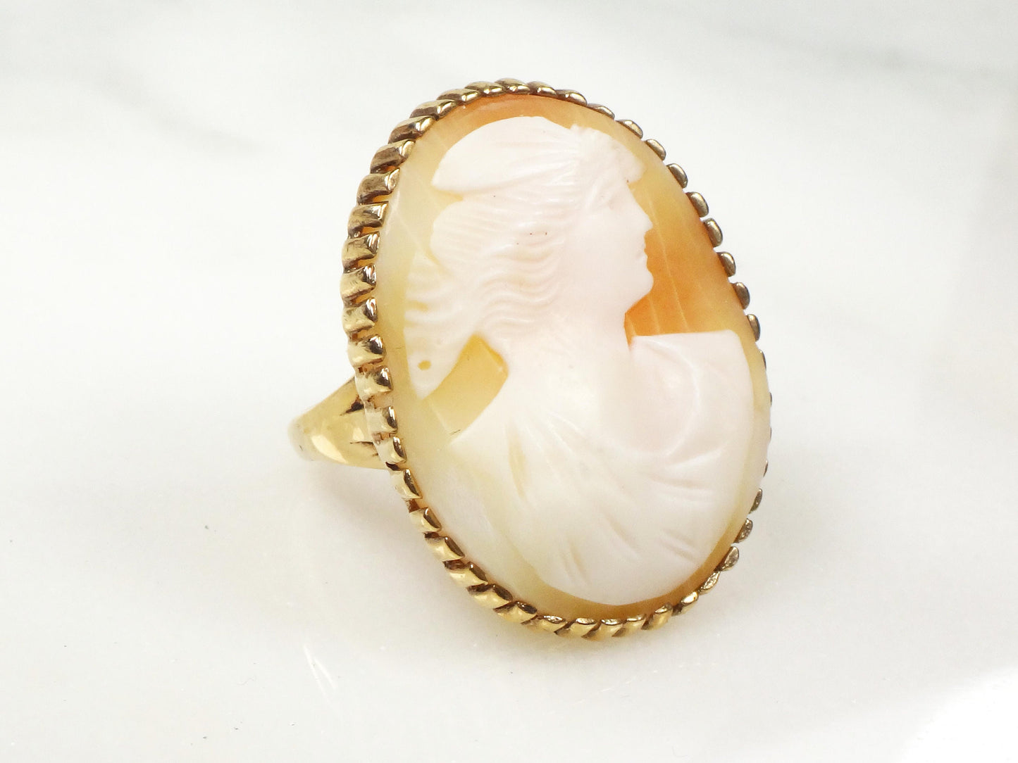 Vintage Cameo Ring 14k Gold Cameo Ring Greek Goddess Psyche Butterfly Vintage Shell Cameo Gold Ring Large Cameo Ring Size 8.25