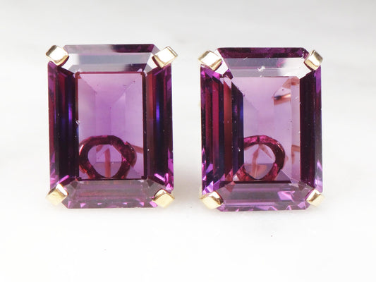Vintage 14k Large Rectangle Purple Sapphire Earrings with French Clips