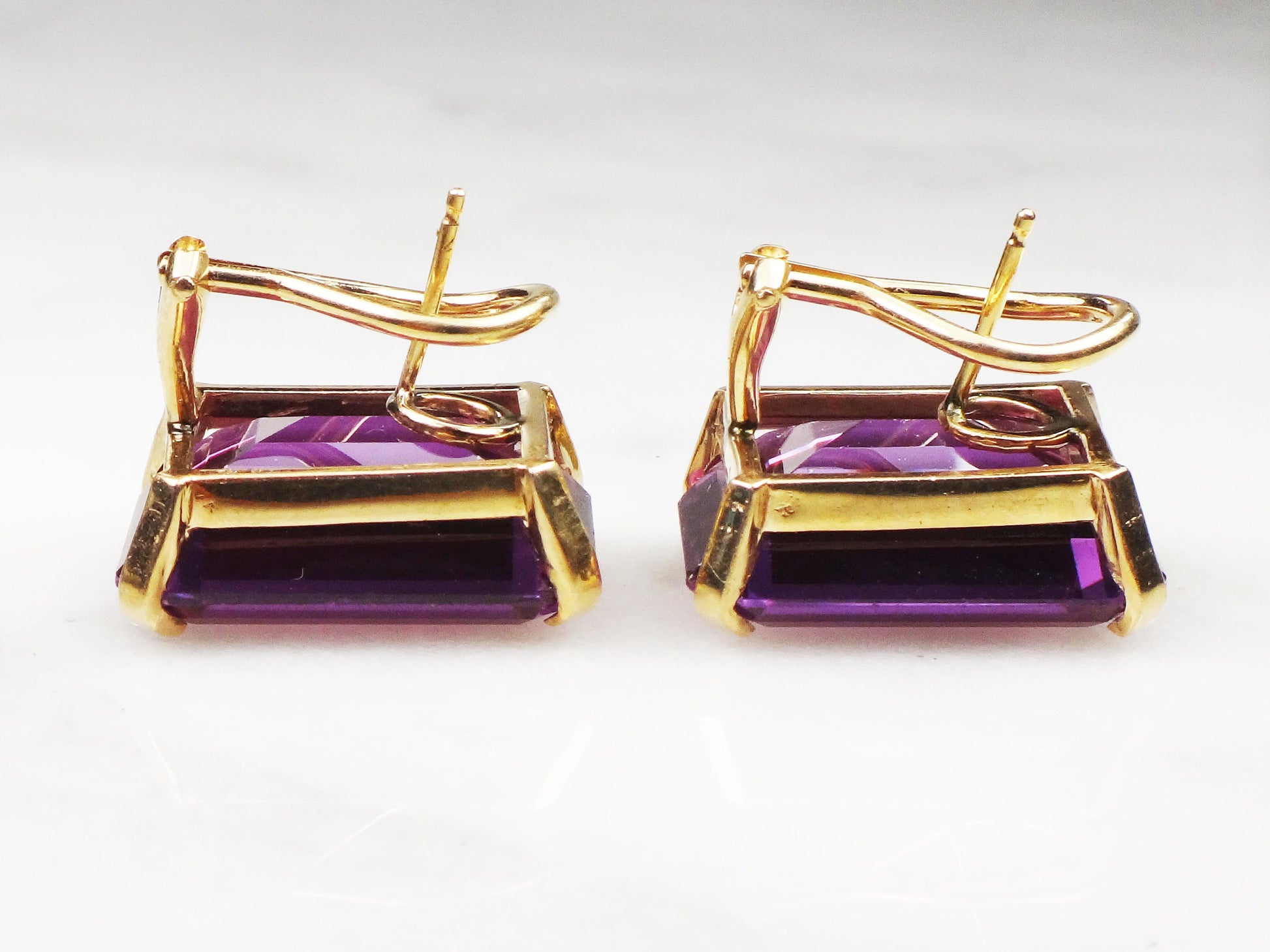 Vintage 14k Large Rectangle Purple Sapphire Earrings with French Clips