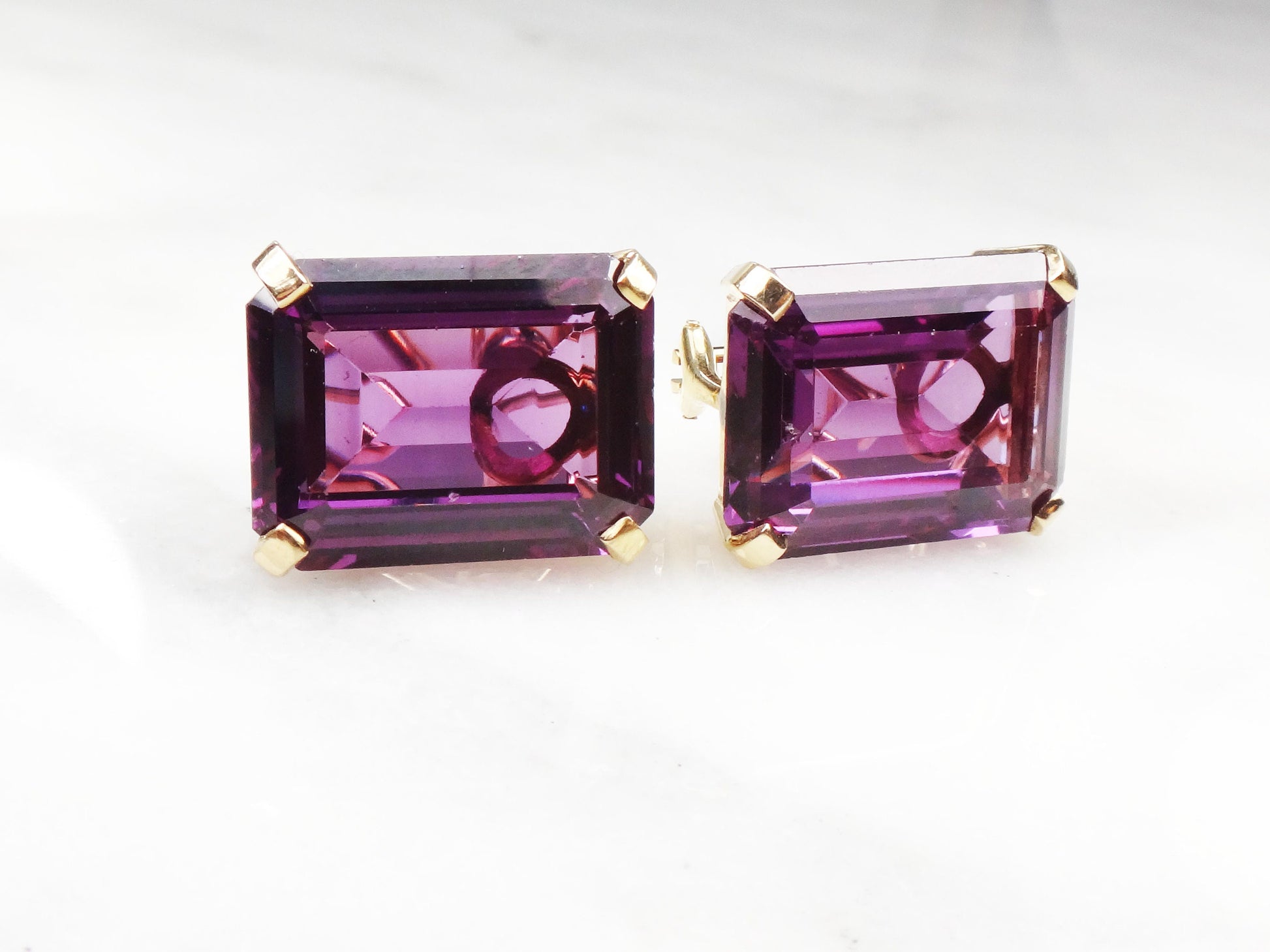 Vintage 14k Large Rectangle Purple Sapphire Earrings with French Clips