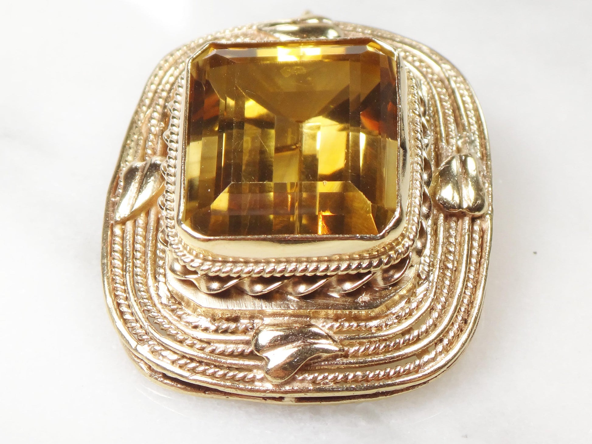 Vintage 14k Yellow Gold Large Rectangle Cut Natural Citrine Pendant Pin