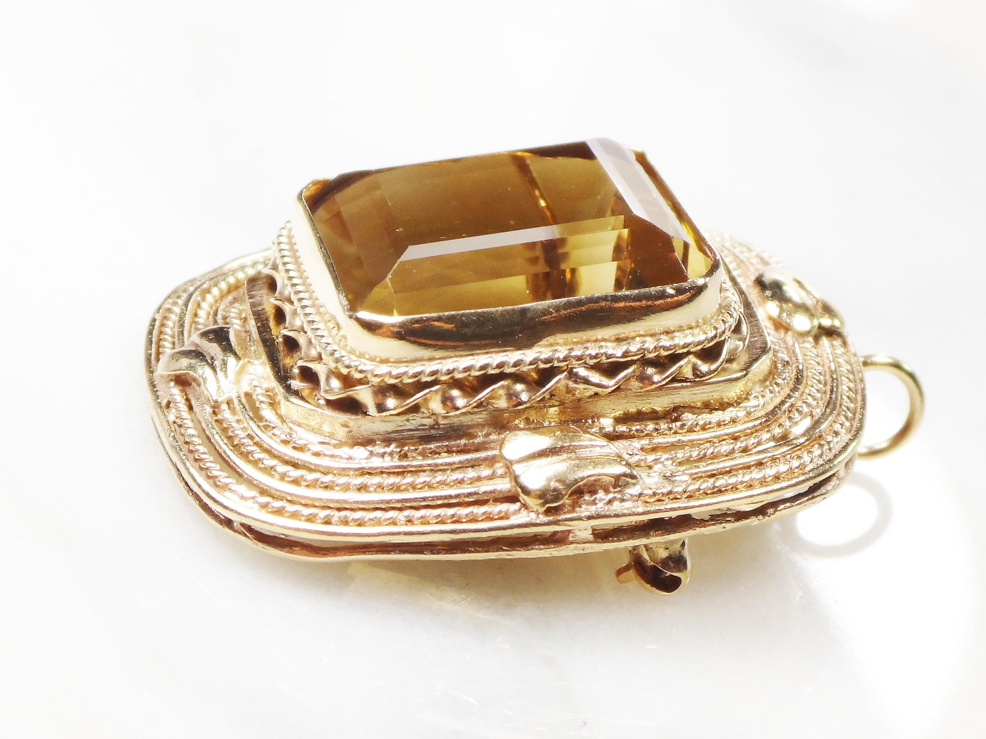Vintage 14k Yellow Gold Large Rectangle Cut Natural Citrine Pendant Pin