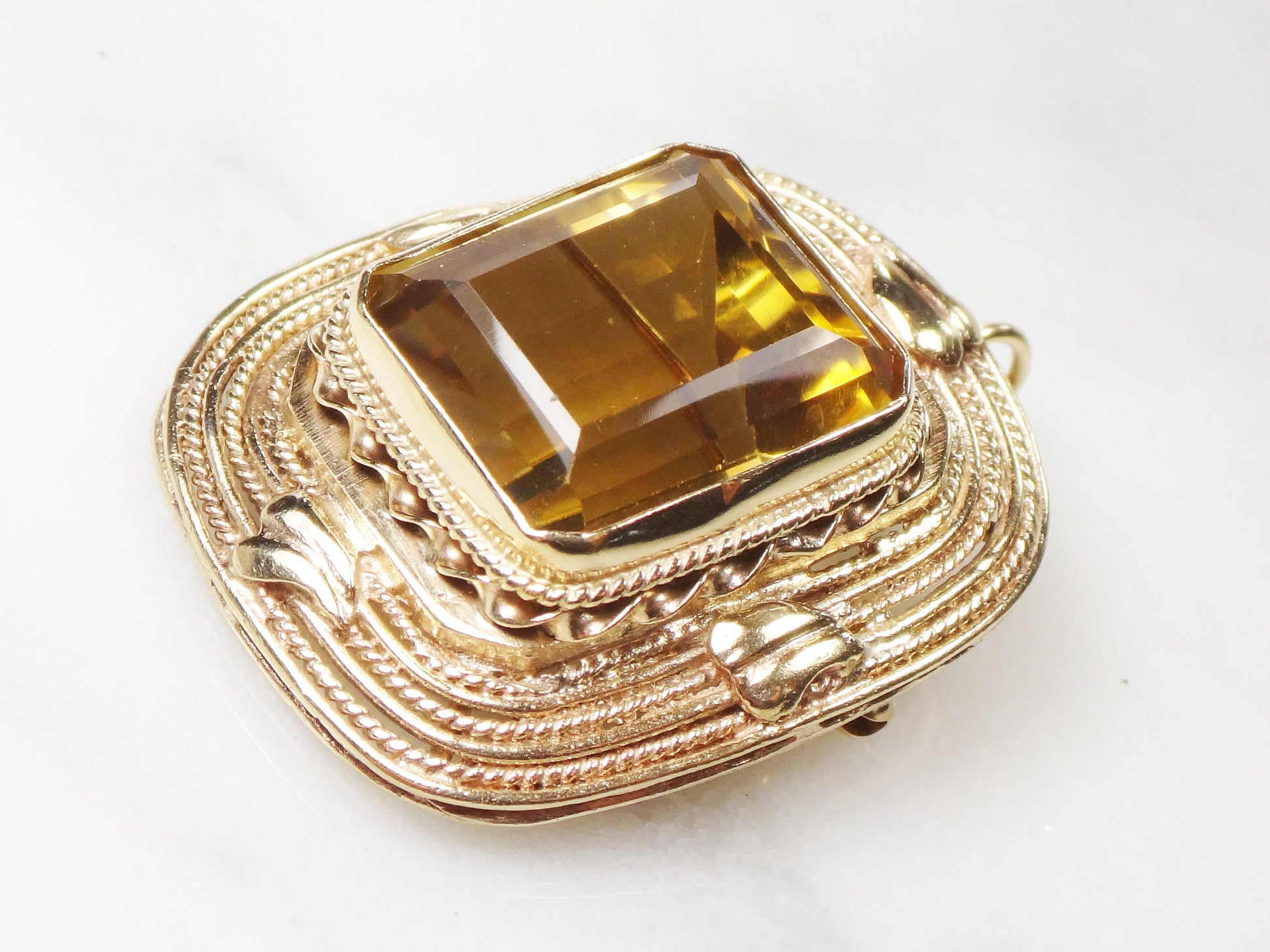Vintage 14k Yellow Gold Large Rectangle Cut Natural Citrine Pendant Pin