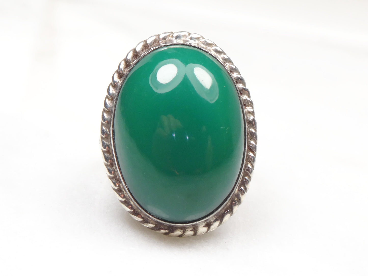 Vintage Sterling Green Stone Ring Large Sterling Silver Glass Ring Faux Jade Ring Mexico Silver Ring Southwestern Ring Statement Ring