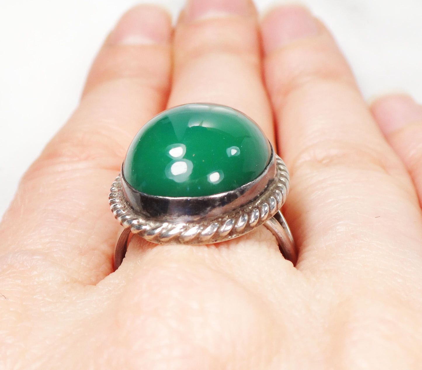 Vintage Sterling Green Stone Ring Large Sterling Silver Glass Ring Faux Jade Ring Mexico Silver Ring Southwestern Ring Statement Ring