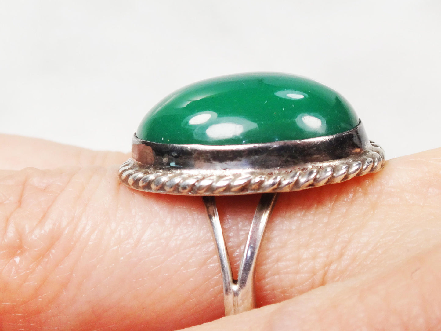 Vintage Sterling Green Stone Ring Large Sterling Silver Glass Ring Faux Jade Ring Mexico Silver Ring Southwestern Ring Statement Ring