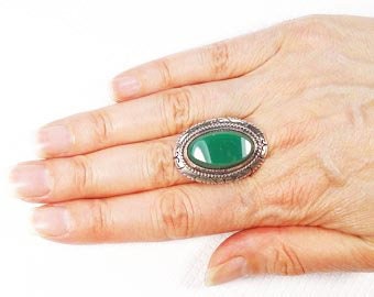 Vintage Sterling Silver Green Glass Ring - Mexico Size 7