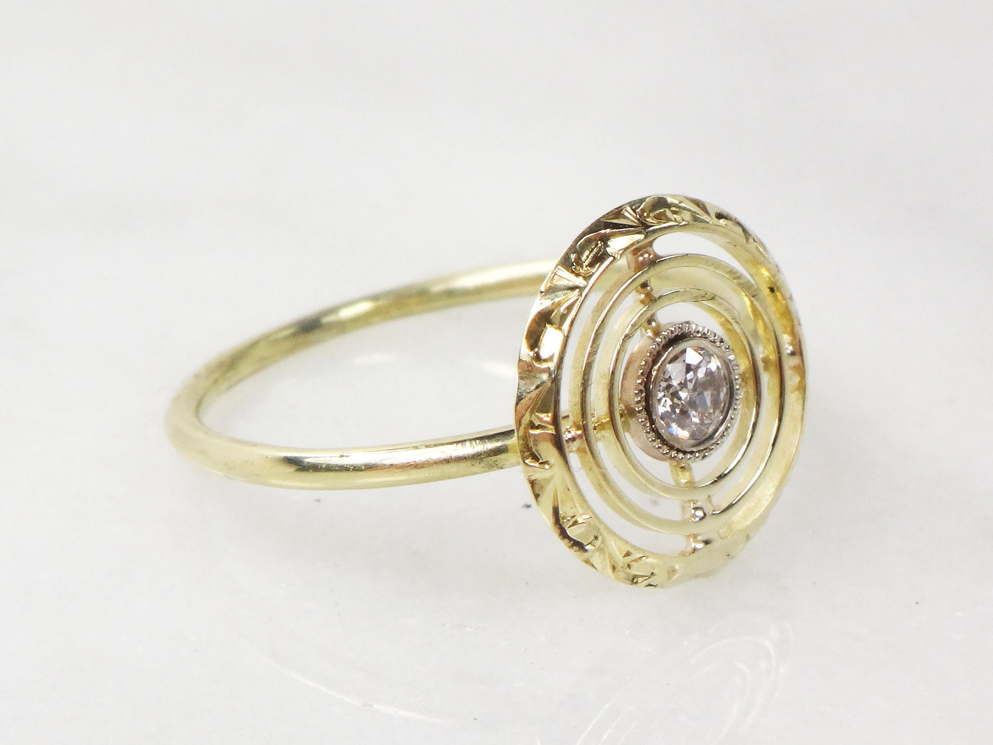 Vintage 14k Yellow Gold Diamond Target Ring: Art Deco Conversion