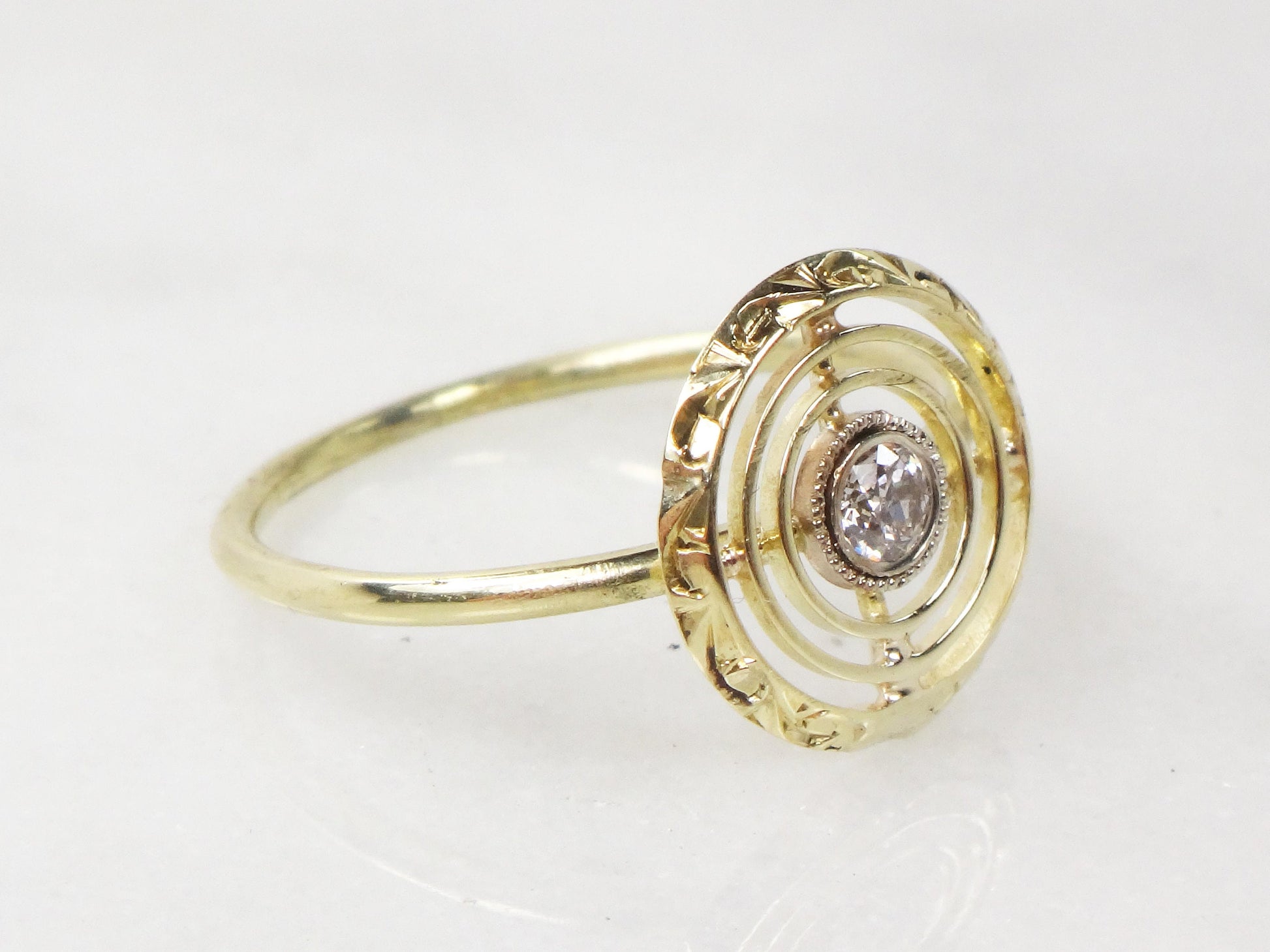 Vintage 14k Yellow Gold Diamond Target Ring: Art Deco Conversion