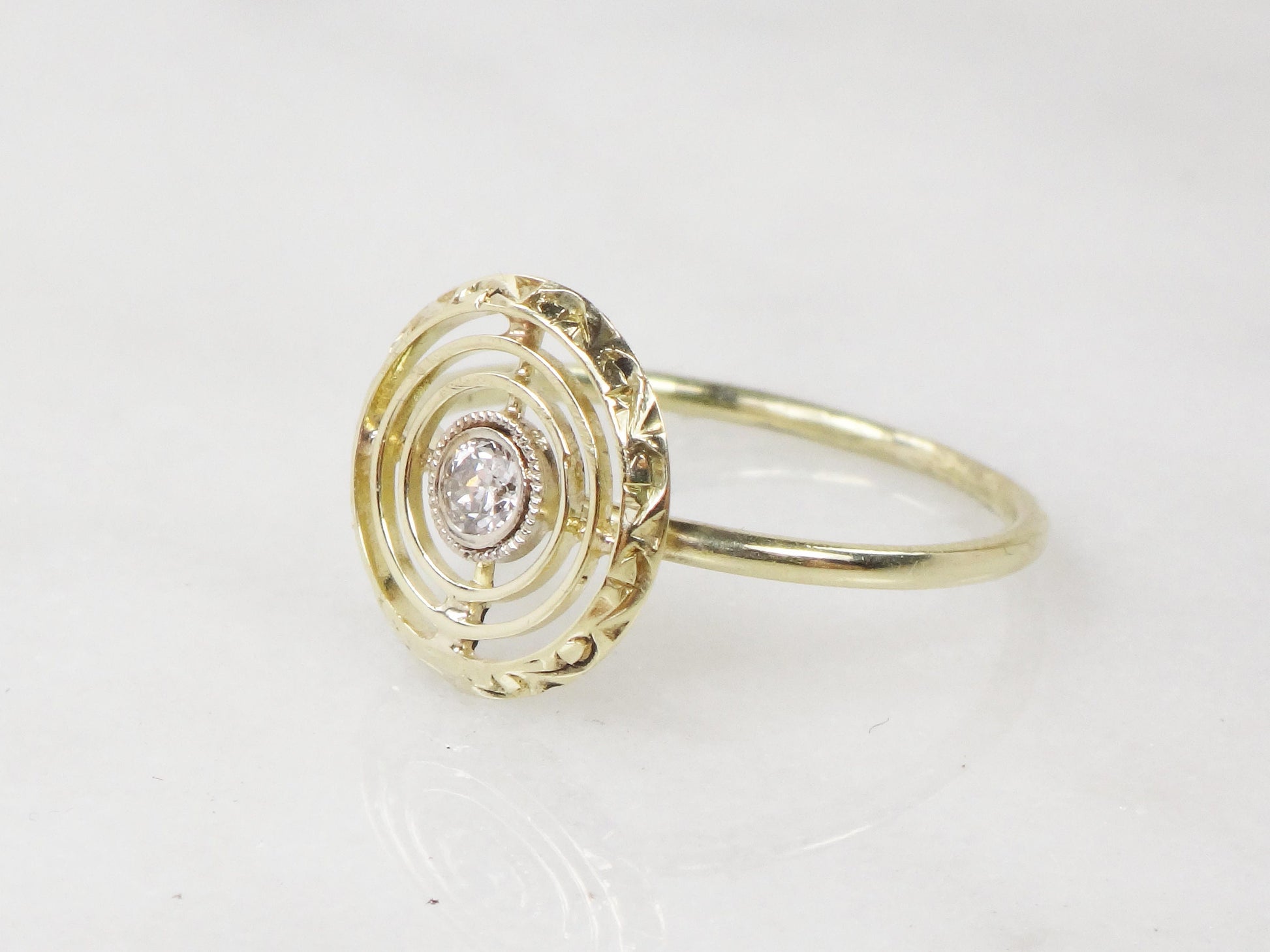 Vintage 14k Yellow Gold Diamond Target Ring: Art Deco Conversion