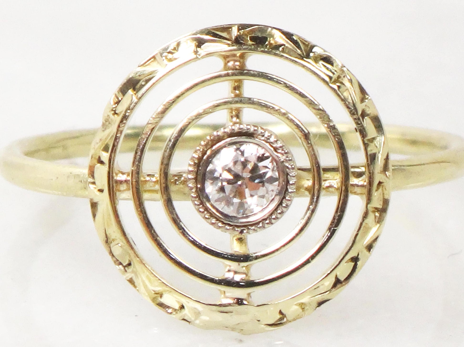 Vintage 14k Yellow Gold Diamond Target Ring: Art Deco Conversion