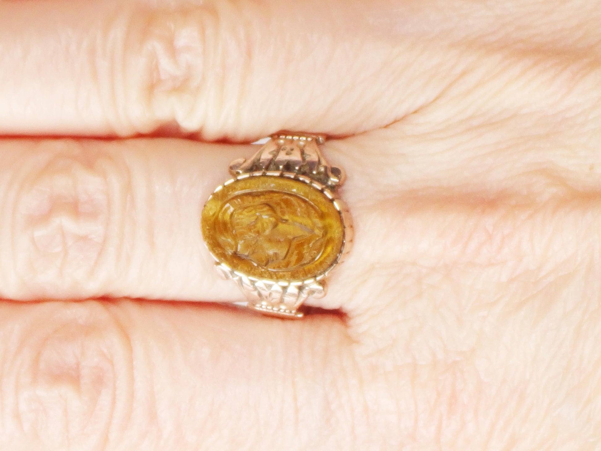 Antique 14k Gold Intaglio Ring: Carved Tiger Eye Victorian Jewelry 1880's
