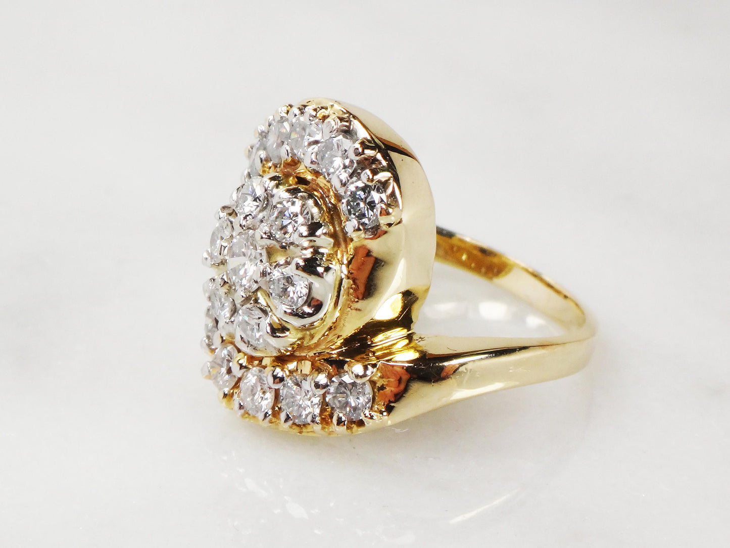 Vintage 14k Yellow Gold Natural Diamond Cluster Ring Floral Diamond Statement Ring 1940's Retro Diamond Ring Approx .90 CT TDW